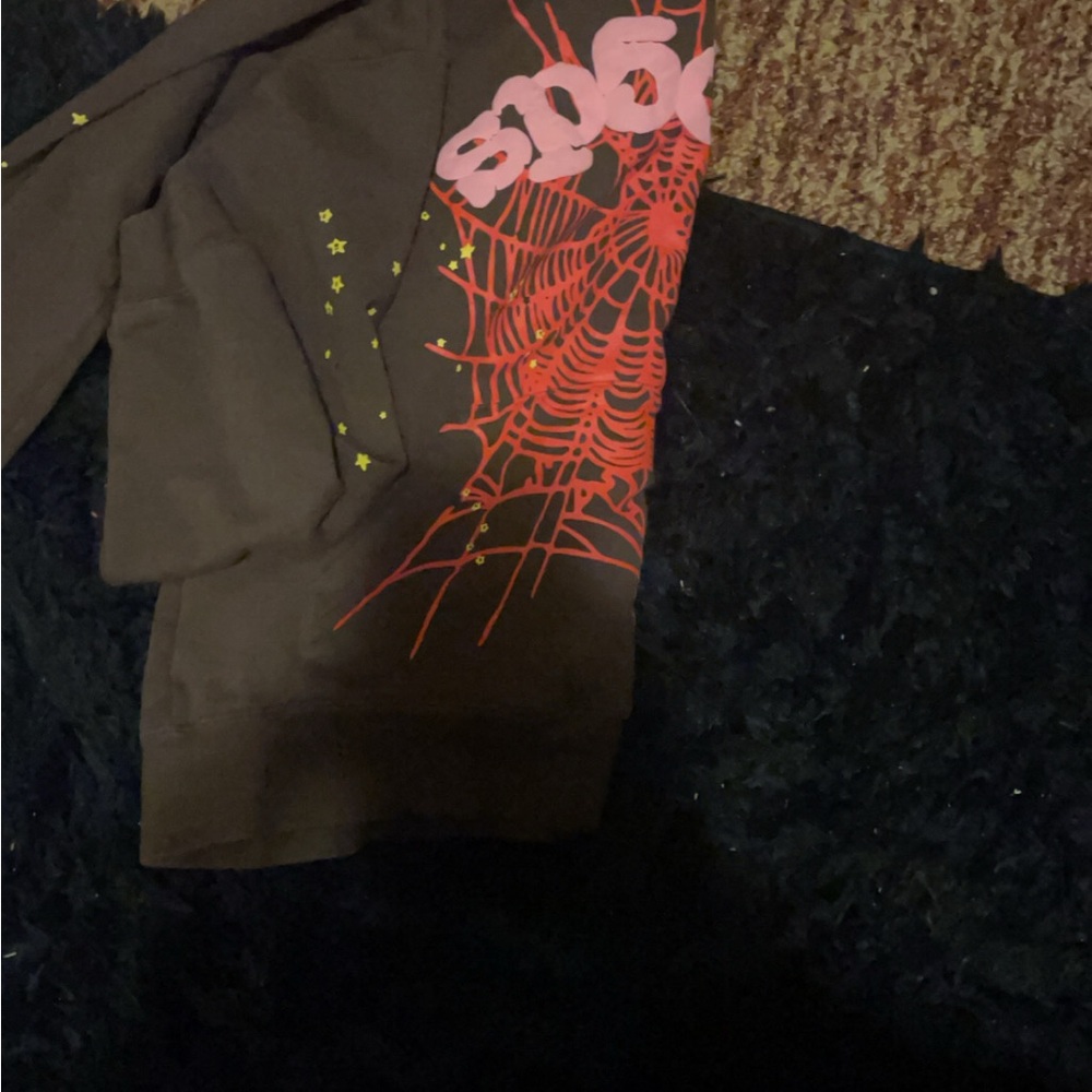 Brown Crewneck Sweater with Red Spider Web Design